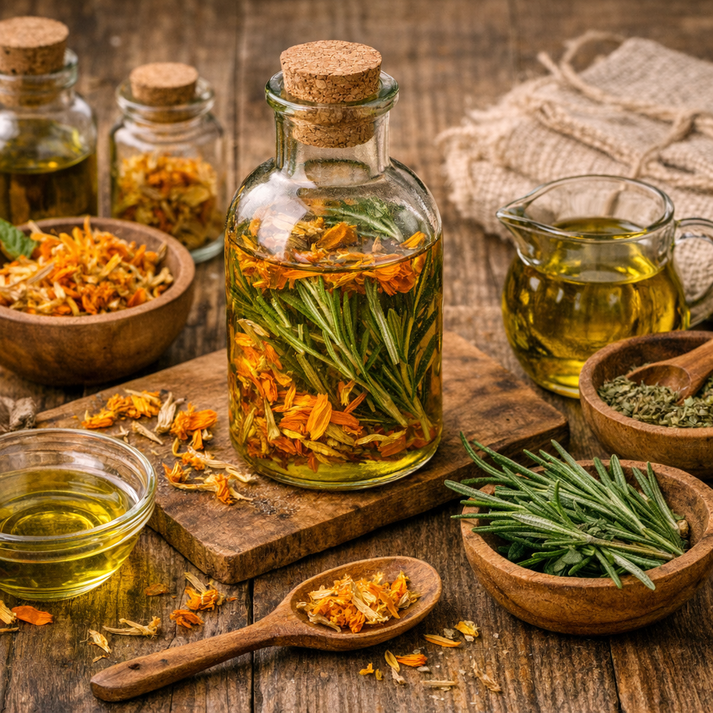 Homemade body oil preparation with olive oil, calendula petals, and rosemary sprigs on a rustic wooden table.