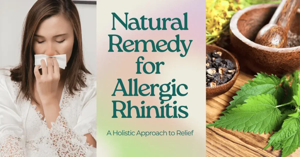 Natural remedy for allergic rhinitis showing a woman with a tissue and herbal ingredients like mint leaves and spices for holistic relief