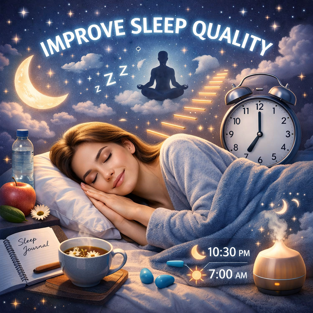 Woman sleeping peacefully in bed with sleep journal, herbal tea, earplugs, alarm clock, and diffuser