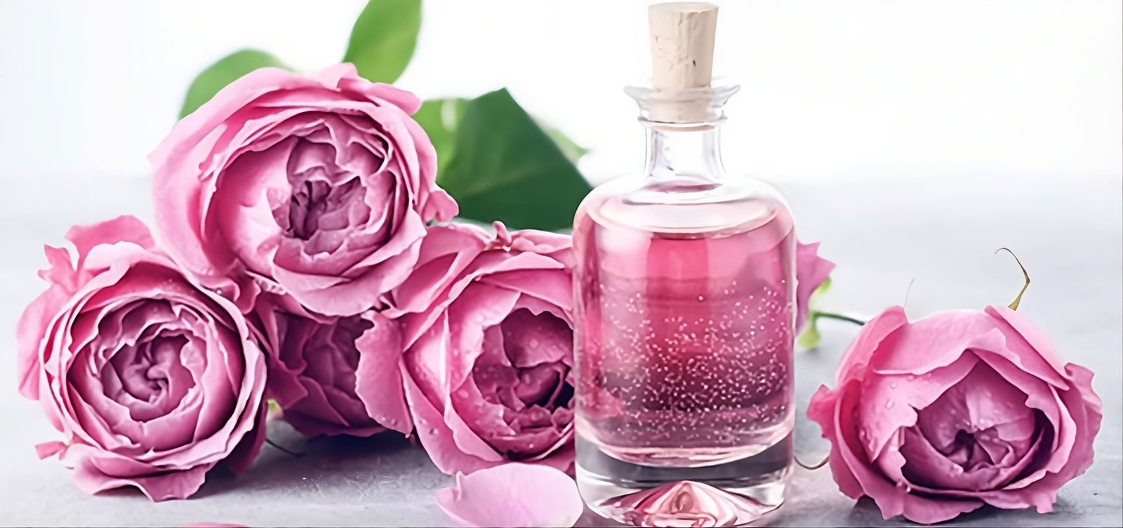 Rose water for face in a glass bottle with fresh pink roses for natural skin care